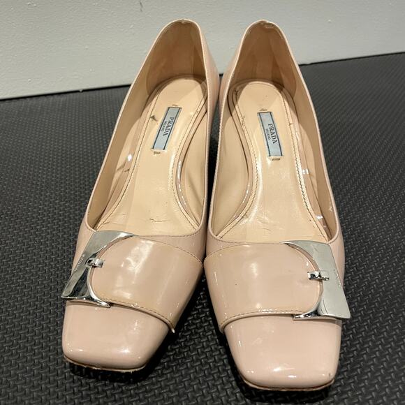 Prada Patent Leather Pumps Square Toe Beige Neutral Silver Women's Size EU 38 - Picture 2 of 5
